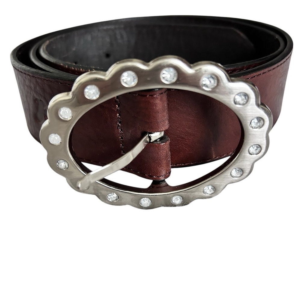 American Eagle Silver Buckle Brown Leather Belt with Decorative Design